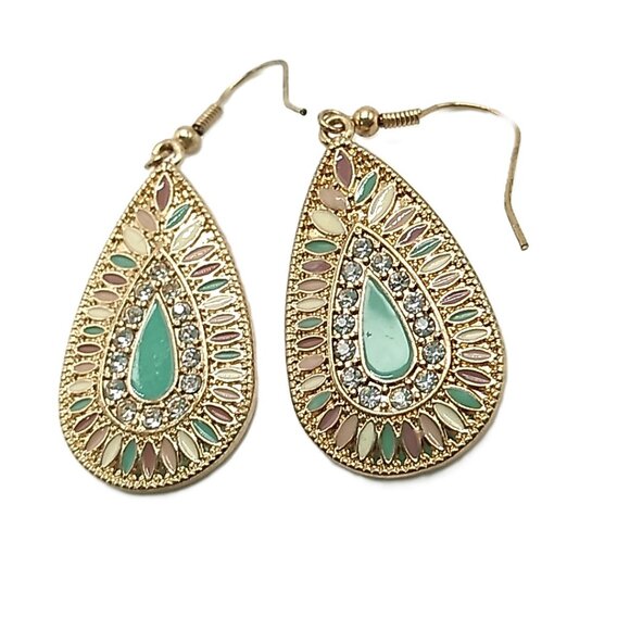 Teardrop Dangle Earrings Mint Green Enamel Rhinestones Small Pastel Beads - Picture 10 of 14